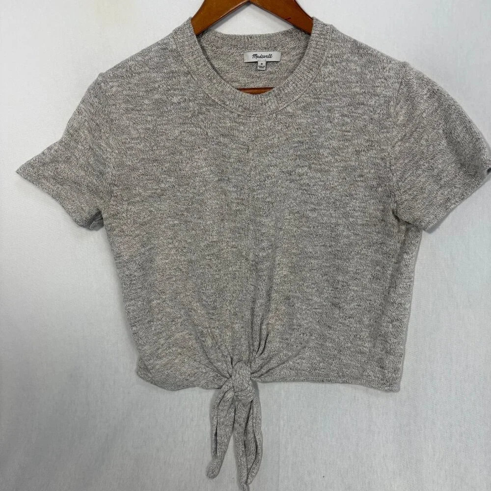 Madewell Tie-Front Short Sleeve Sweater Tee 100% Cotton Marled Beige Medium M - Picture 1 of 8